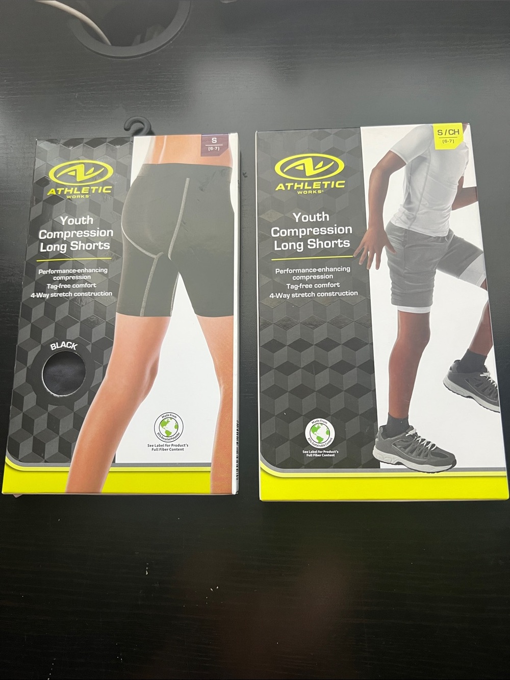 New Athletic Works Youth Compression Long Shorts - Black white 2pk